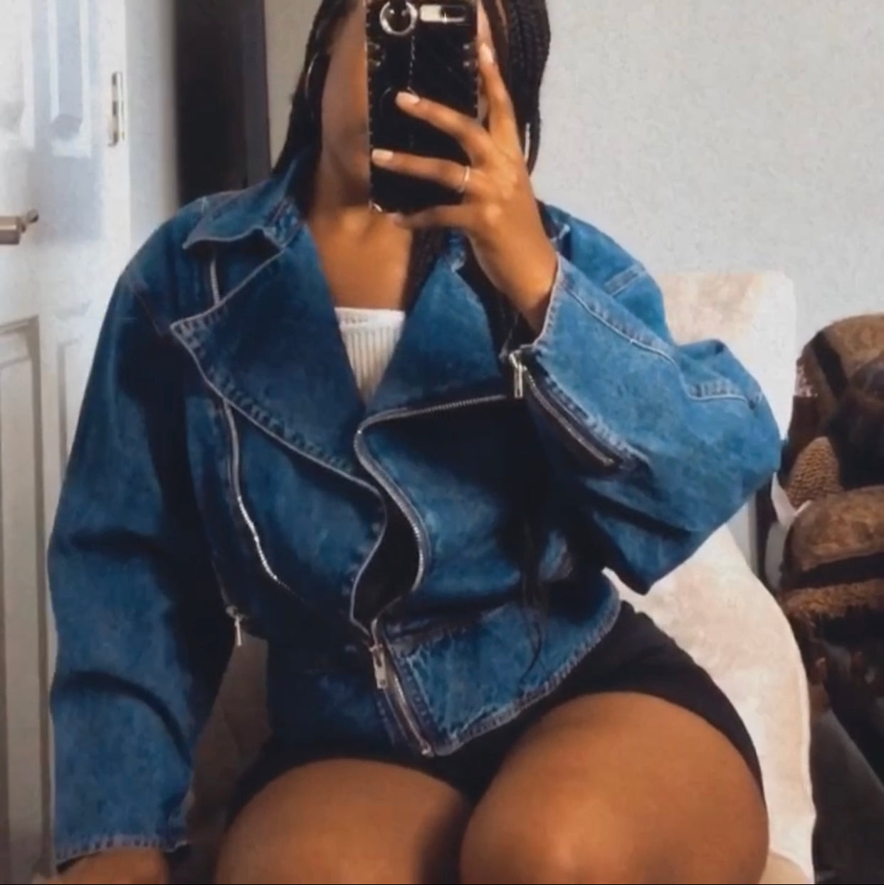 women's denim jean jacket with cinching waist